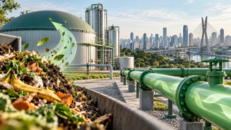 Tubulação de gás, folhas verdes e cidade de São Paulo em colagem editorial minimalista
