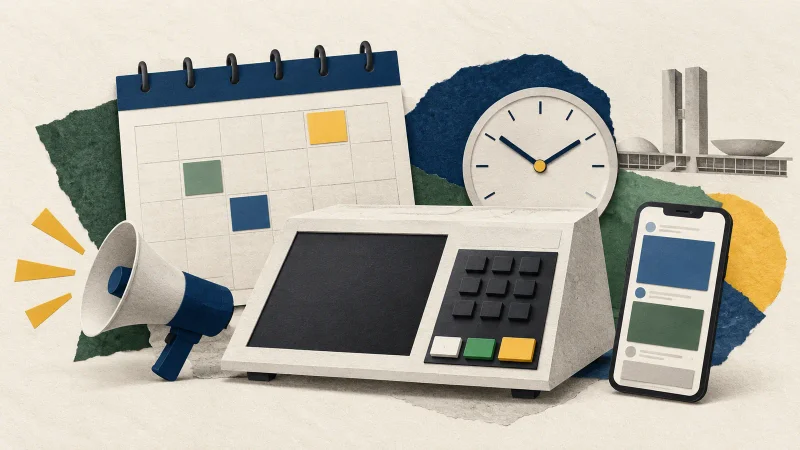Colagem editorial com urna eletrônica, calendário, relógio, megafone e celular