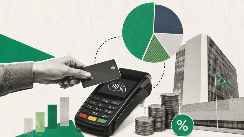 Ilustração em estilo colagem mostrando pagamento por aproximação com cartão em uma maquininha, gráficos financeiros, moedas e prédio do Ministério da Fazenda, representando mudanças nas regras de divisão de pagamentos.