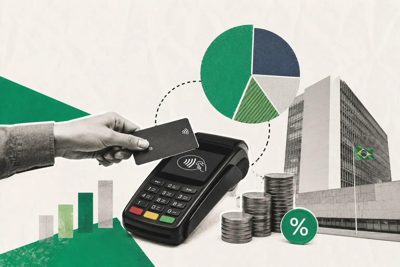 Ilustração em estilo colagem mostrando pagamento por aproximação com cartão em uma maquininha, gráficos financeiros, moedas e prédio do Ministério da Fazenda, representando mudanças nas regras de divisão de pagamentos.