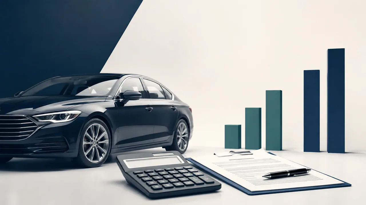 Colagem minimalista com carro, calculadora, contrato e barras representando juros e custo total do financiamento