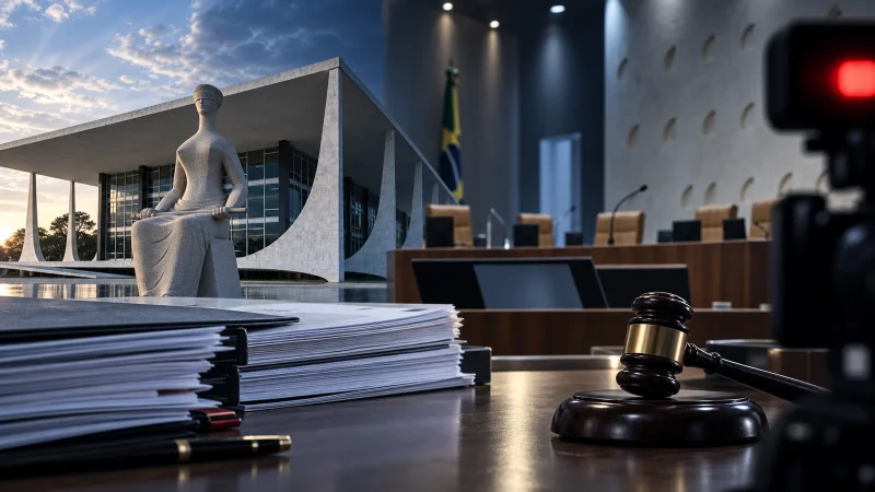 Edifício e plenário do STF com processos e câmera de transmissão durante julgamento