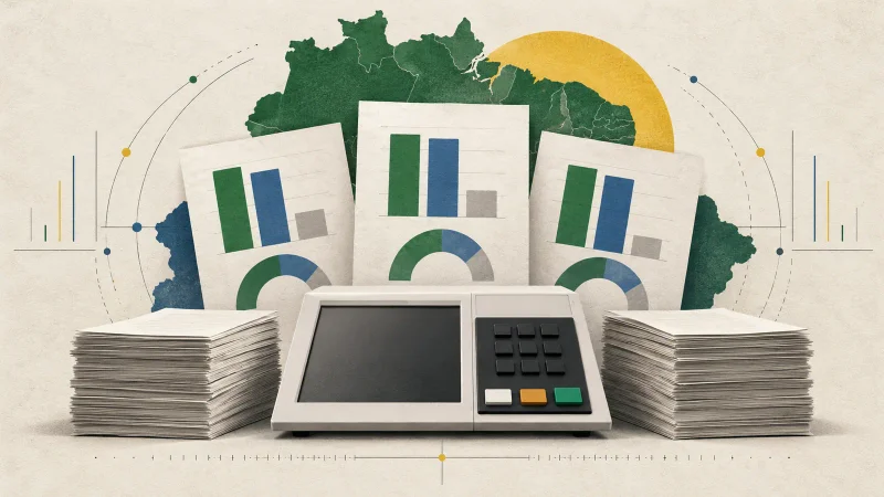 Colagem editorial neutra com urna eletrônica, mapa do Brasil e três relatórios de pesquisas eleitorais
