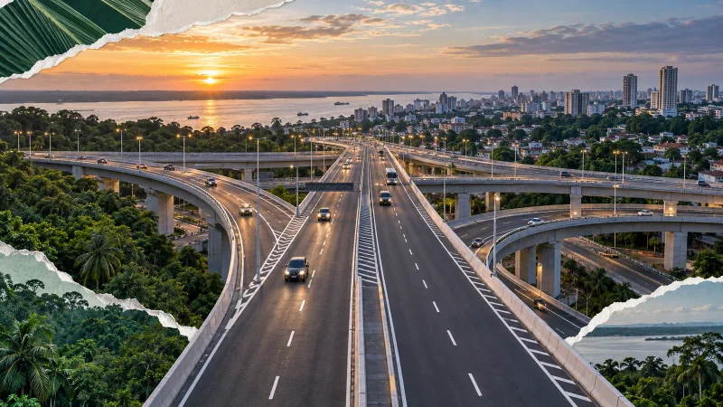 Colagem editorial do Complexo Viário Passarão e da mobilidade urbana de Manaus