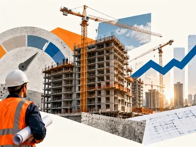 Colagem minimalista com canteiro de obras, guindastes, planta e indicador de confiança