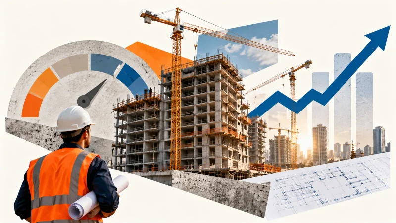 Colagem minimalista com canteiro de obras, guindastes, planta e indicador de confiança