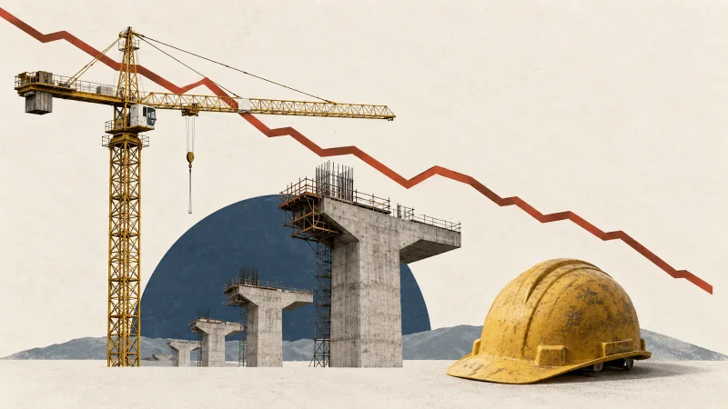 Guindaste, obra de infraestrutura e linha descendente em colagem editorial