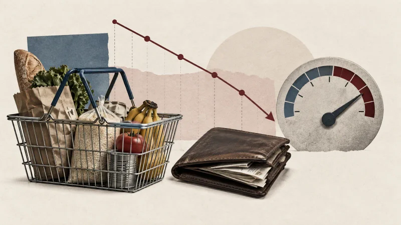 Cesta de compras, carteira e indicador descendente em colagem editorial