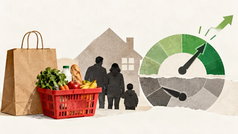 Colagem minimalista com cesta de compras, sacola, família e medidor dividido