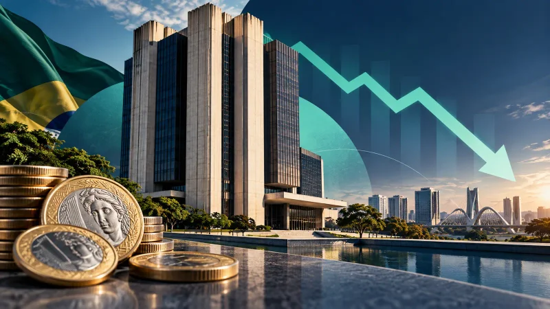 Sede institucional, moedas de real e gráfico descendente representam corte da Selic para 13,75% ao ano