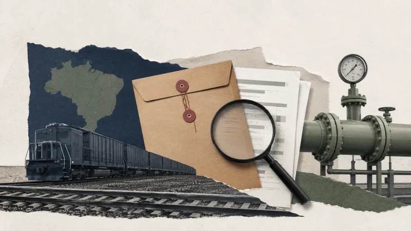Colagem minimalista com trem, gasoduto e documentos sob análise representando apuração sobre créditos de ICMS