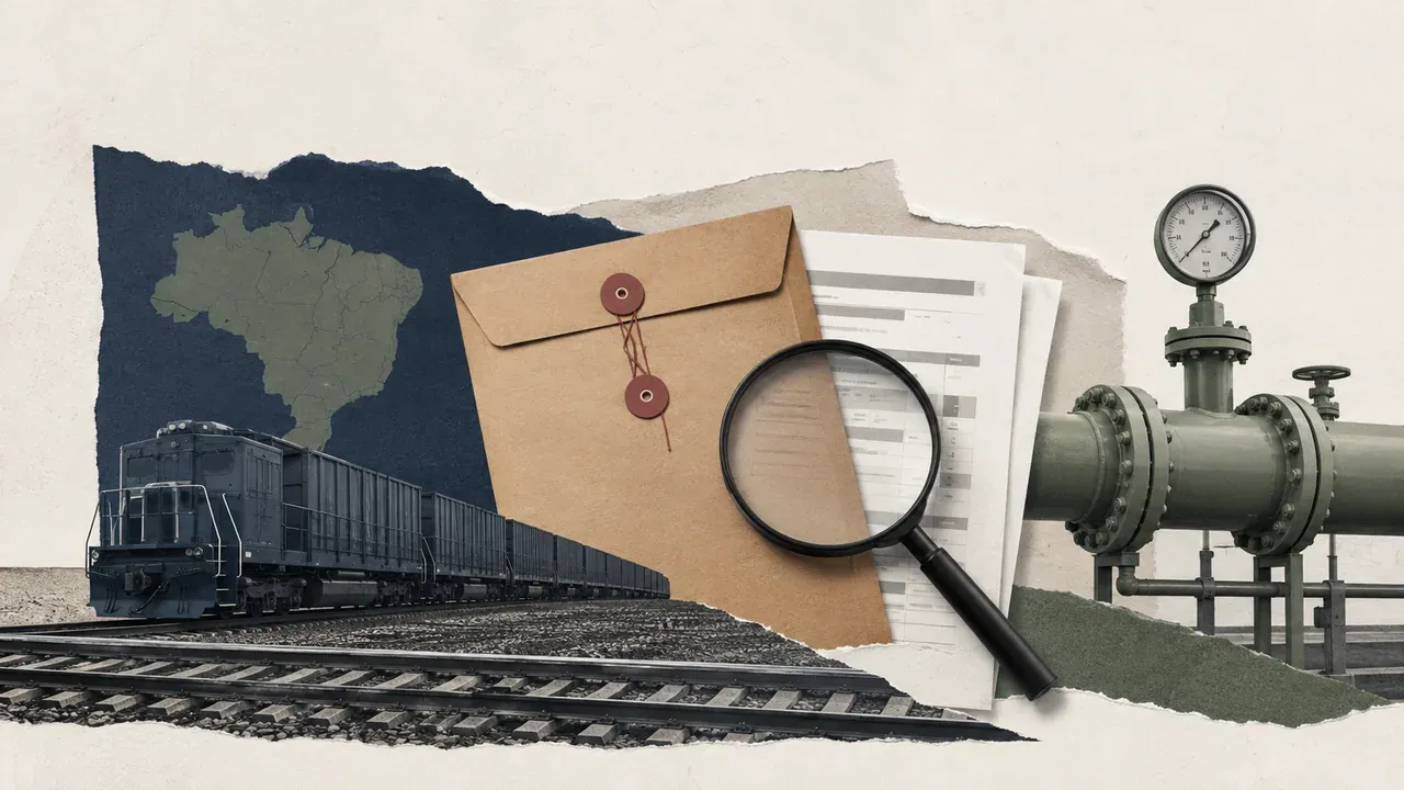 Colagem minimalista com trem, gasoduto e documentos sob análise representando apuração sobre créditos de ICMS