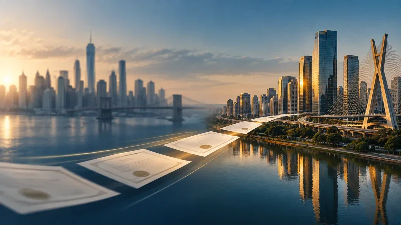 Certificados financeiros conectando os centros empresariais de Nova York e São Paulo