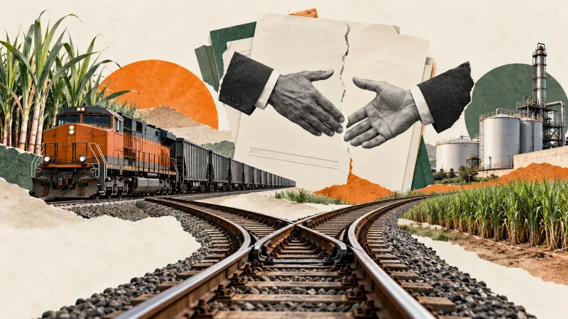 Colagem editorial com trem de carga, trilhos divididos e documento rasgado representando negociação sem acordo