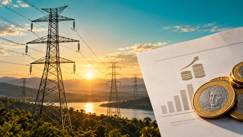 Torres de transmissão de energia com moedas e documento representando dividendos da CPFL