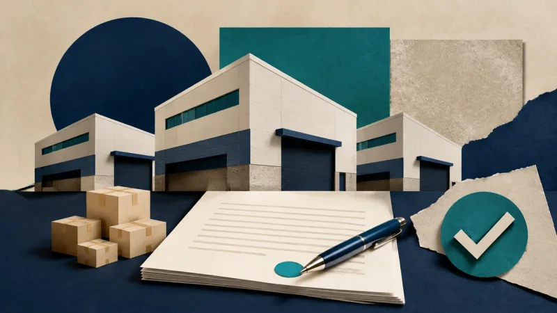 Colagem minimalista de três galpões logísticos e documento representando a negociação do portfólio do CPLG11