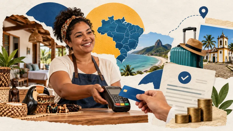 Colagem editorial mostra microempreendedora do turismo, maquininha, mala e documento de crédito