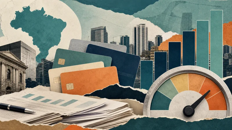 Colagem editorial com cartões, documentos de crédito, gráfico de alta e medidor de risco
