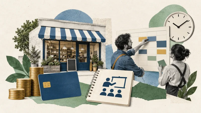 Colagem minimalista com pequeno comércio, moedas, cartão, treinamento, relógio e trabalhadores organizando uma escala