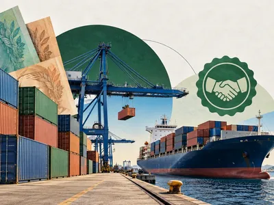 Colagem editorial com porto, contêineres, navio cargueiro e símbolos financeiros