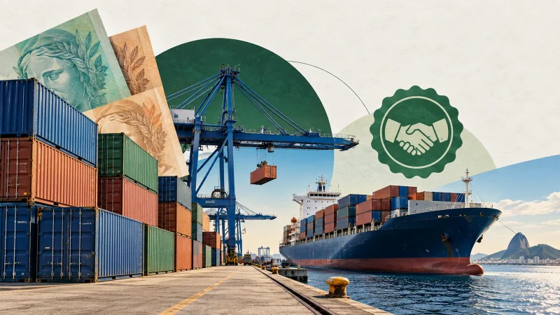Colagem editorial com porto, contêineres, navio cargueiro e símbolos financeiros