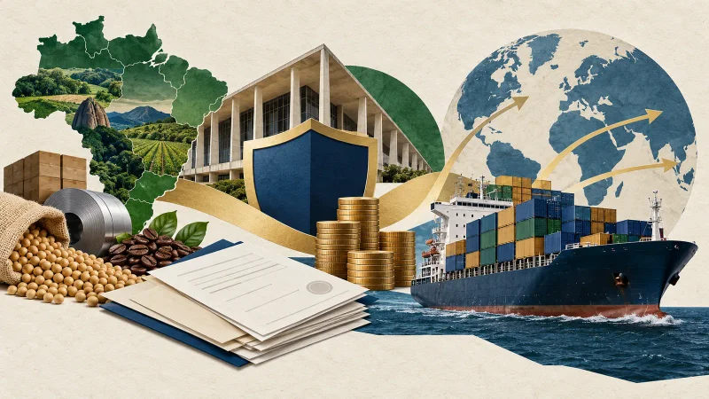 Colagem editorial com navio cargueiro, produtos brasileiros, mapa, escudo e moedas representando apoio às exportações