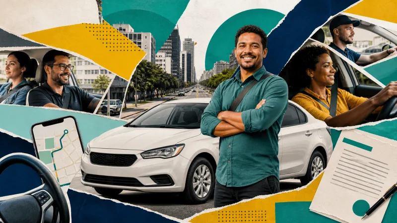 Colagem editorial com motoristas profissionais, carro e aplicativo de navegação genérico