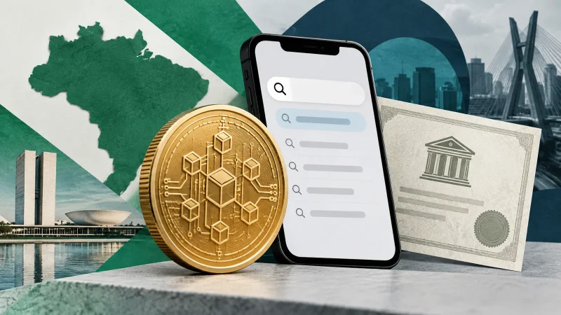 Moeda digital genérica, celular com busca e certificado bancário em colagem sobre o Brasil