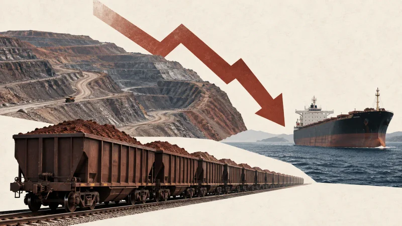 Mina de minério, trem, navio e seta de produção em colagem editorial