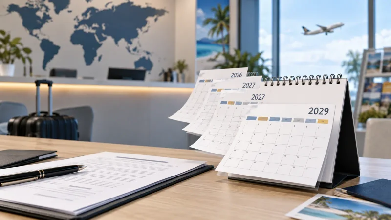 Agência de viagens com calendários representando o alongamento da dívida da CVC