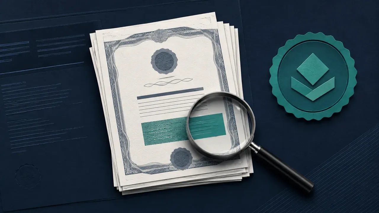 Colagem minimalista de certificados de ações sob análise de uma lupa regulatória