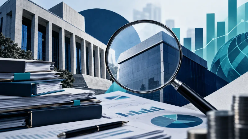 Colagem ilustrativa de documentos de fiscalização do mercado de capitais sob uma lupa