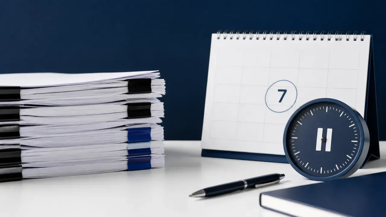 Documentos, relógio pausado e calendário representam prazos da CVM no feriado