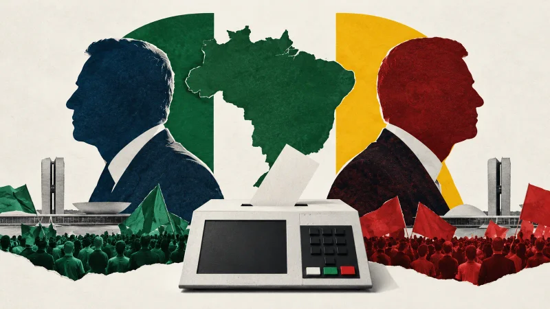 Colagem editorial com dois perfis, mapa do Brasil, urna e grupos de eleitores equilibrados