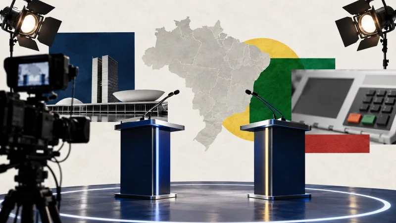 Colagem editorial com dois púlpitos, câmeras, refletores, urna e mapa do Brasil