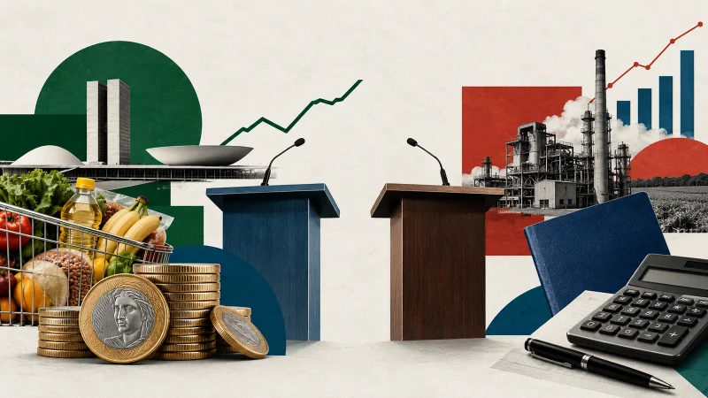 Colagem editorial com dois púlpitos, cesta de alimentos, moedas, fábrica, calculadora e Congresso Nacional