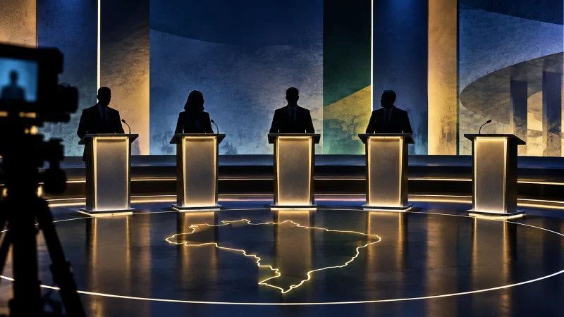 Estúdio de debate presidencial com quatro participantes, um púlpito vazio e mapa do Brasil