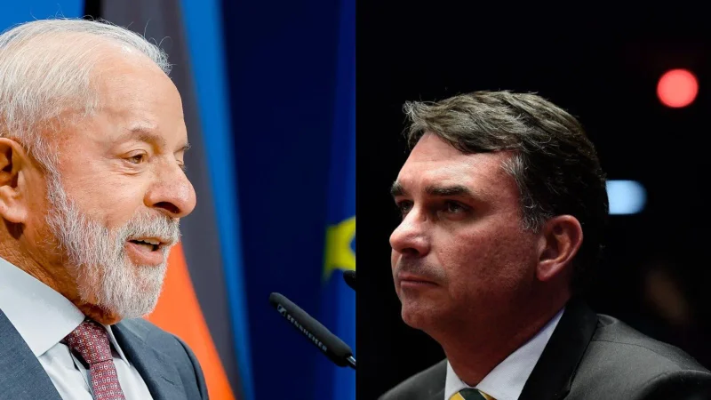 Montagem com o presidente Lula à esquerda e o senador Flávio Bolsonaro à direita, em fotografias de momentos distintos.