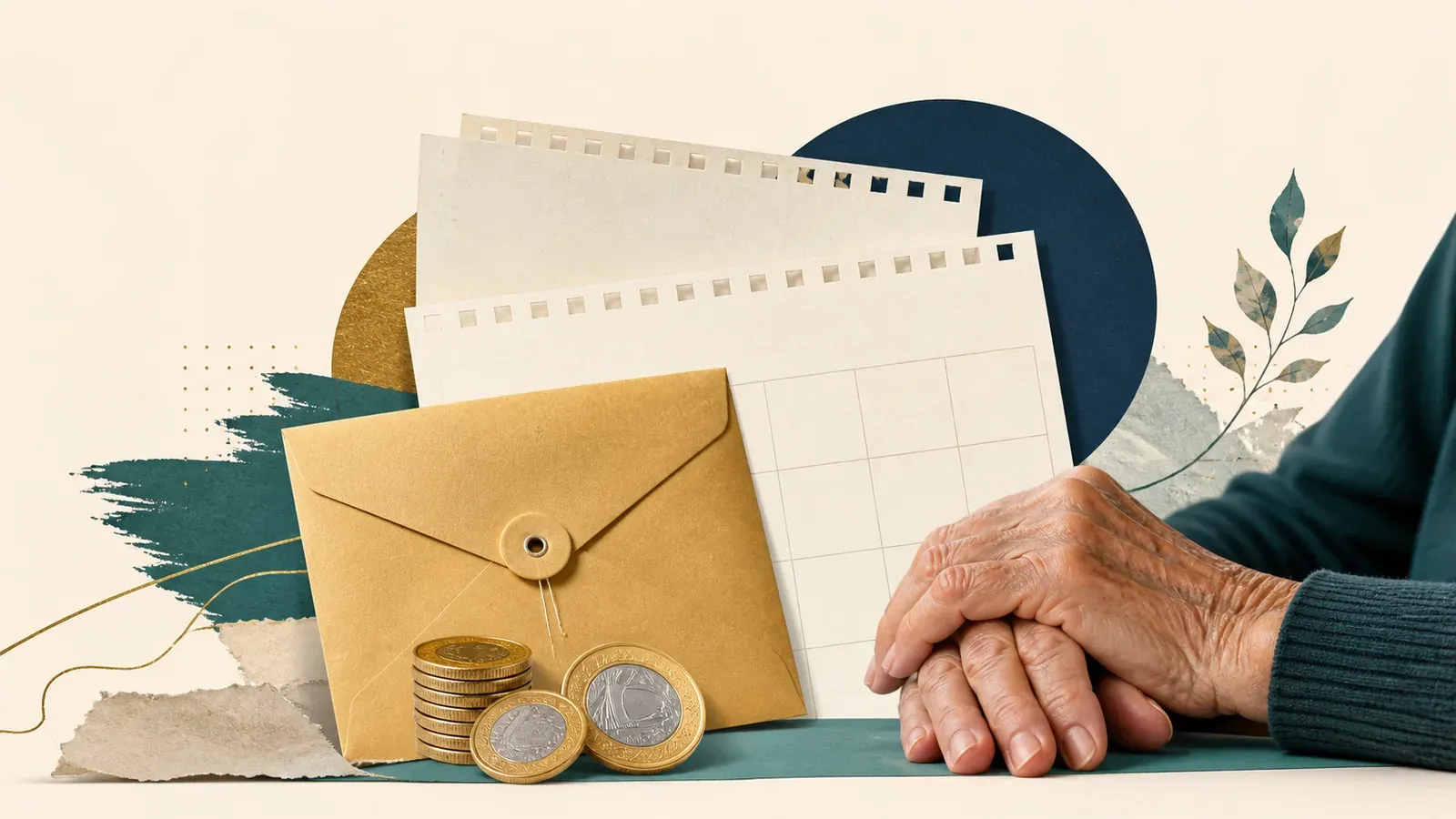 Envelope, moedas, calendário e mãos de idoso representam o décimo terceiro do INSS em novembro