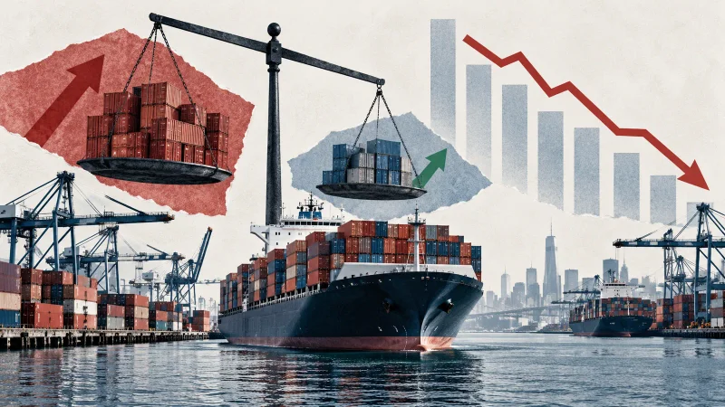 Colagem minimalista com porto americano, navio de contêineres, balança comercial e gráfico de importações