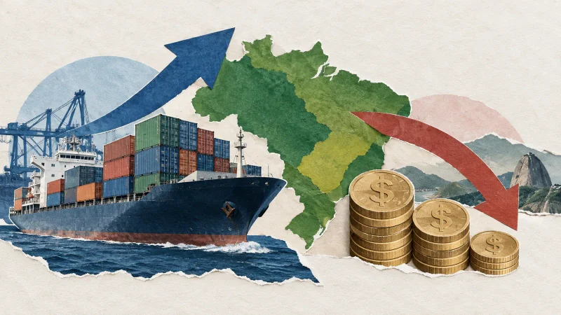 Colagem minimalista com navio de carga, contêineres, mapa do Brasil e moedas