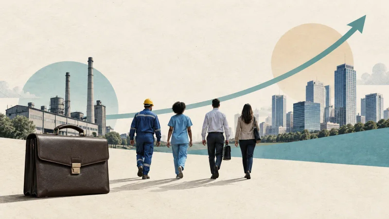 Trabalhadores, briefcase e linha de emprego em colagem editorial