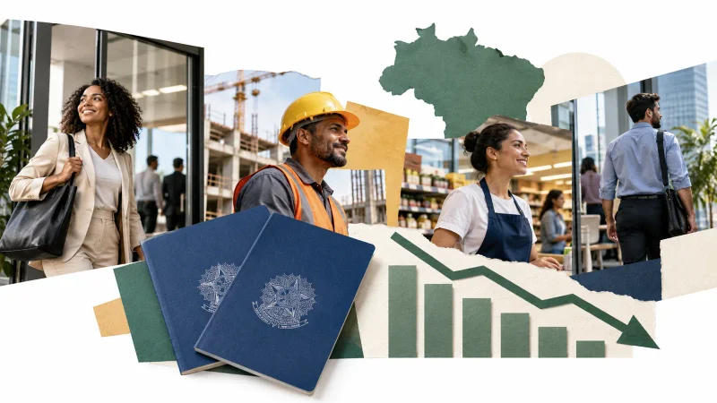 Colagem minimalista com trabalhadores de escritório, construção e comércio e gráfico de desemprego em queda
