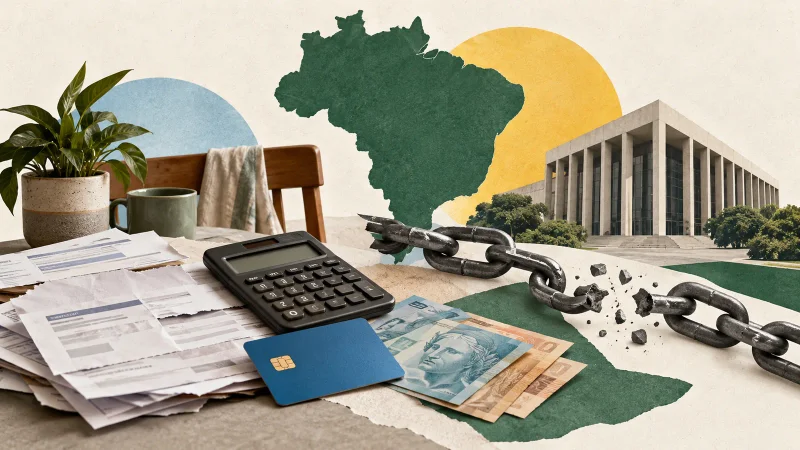 Colagem editorial com contas, calculadora, dinheiro, mapa do Brasil e corrente rompida