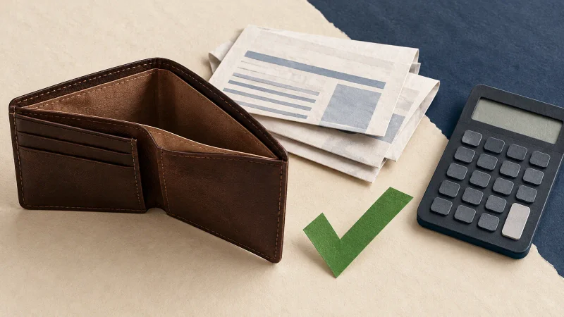 Colagem de documentos financeiros, carteira e calculadora representa a renegociação de dívidas no Desenrola Brasil 3.0