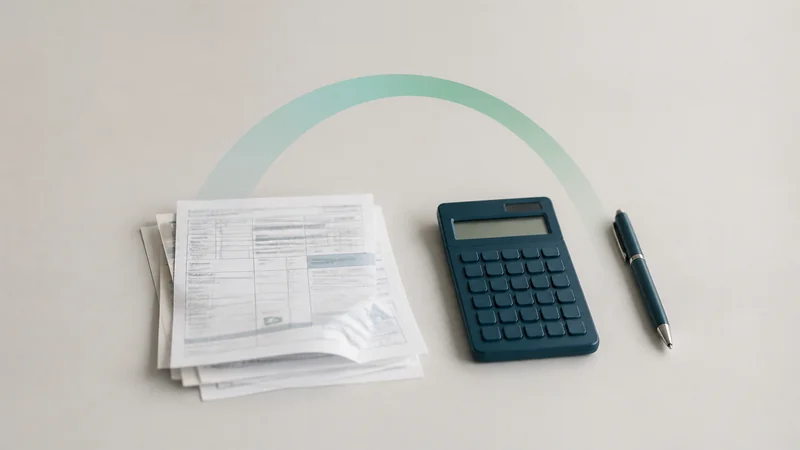 Contas, calculadora e caneta em composição minimalista sobre o prazo do Desenrola Brasil