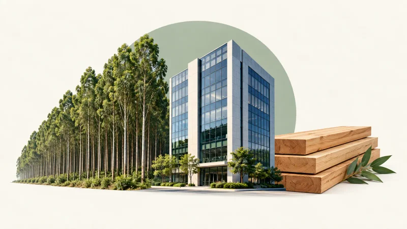 Colagem ilustrativa com floresta, madeira e prédio corporativo