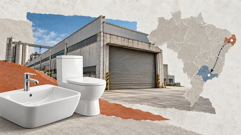 Colagem minimalista com fábrica fechada, louças sanitárias e mapa indicando transferência de produção de Pernambuco para São Paulo