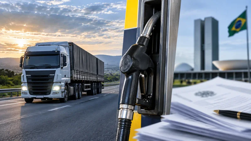 Colagem ilustrativa de caminhão de cargas e bomba de diesel em posto de combustível