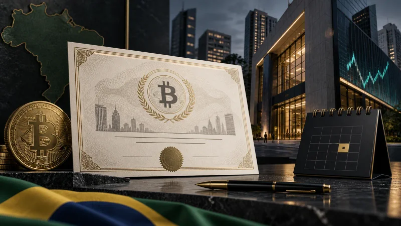 Documento de ETF, símbolo do Bitcoin e edifícios corporativos em colagem minimalista